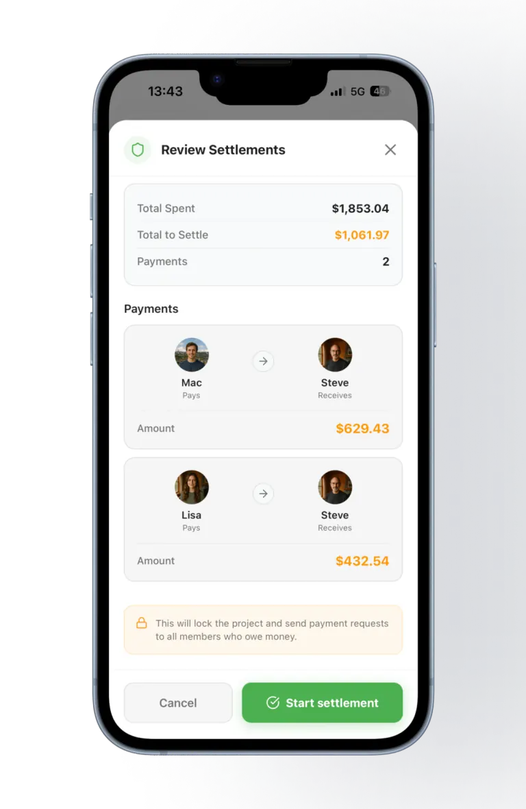 SplitSlip Review Settlements screen showing Mac and Lisa each paying Steve